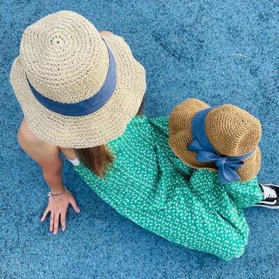 牛仔緞帶蝴蝶結草帽 可折疊遮陽沙灘帽 田園風防曬遮臉帽海邊太陽帽子 