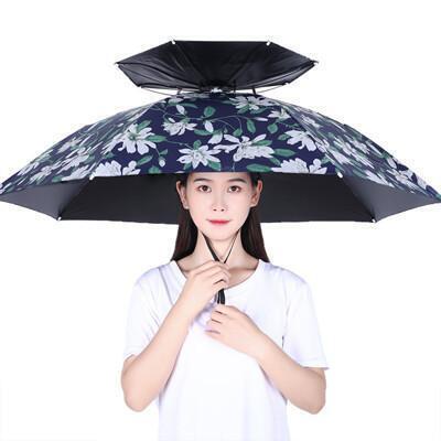 居家寶盒95cm雙層頭戴式雨傘 黑膠二折 晴雨兩用 戶外釣魚雨傘帽 防曬遮陽傘 橡膠頭圈 