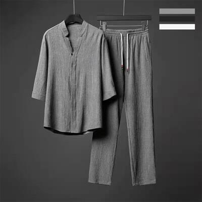 商務紳士亞麻v領休閒套裝(七分袖+九分褲) 