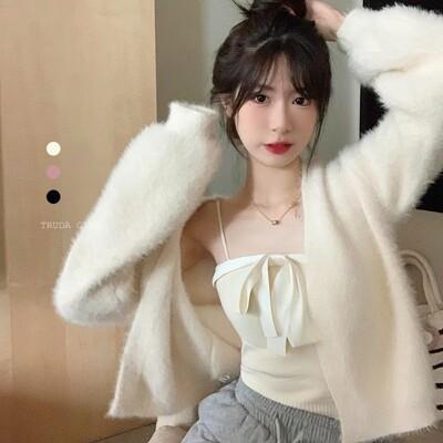 杜達女孩蓬蓬袖短毛仿貂絨外套 短版外套 毛茸茸針織外套 絨毛外套 毛料外套 小外套 秋冬外套 針 