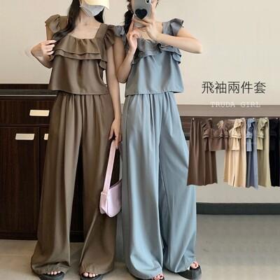 杜達女孩飛袖荷葉邊兩件套 高個子長褲套裝 小飛袖 荷葉邊上衣 無袖套裝 雪紡套裝 兩件式套裝 氣 