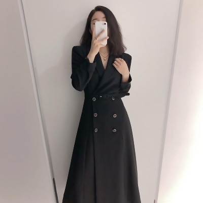 【預購】質感姐姐風．韓系微復古 顯瘦款 長袖雙排扣長洋裝～２色 