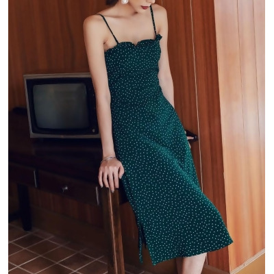 【預購】法式文藝風．質感小眾設計款 墨綠色波點洋裝（S~XL） 