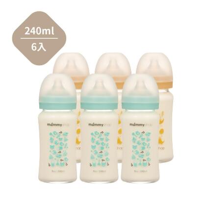母感體驗2.5 玻璃奶瓶- 寬口240ml 6支組-奶茶色*3+櫻花粉*3 