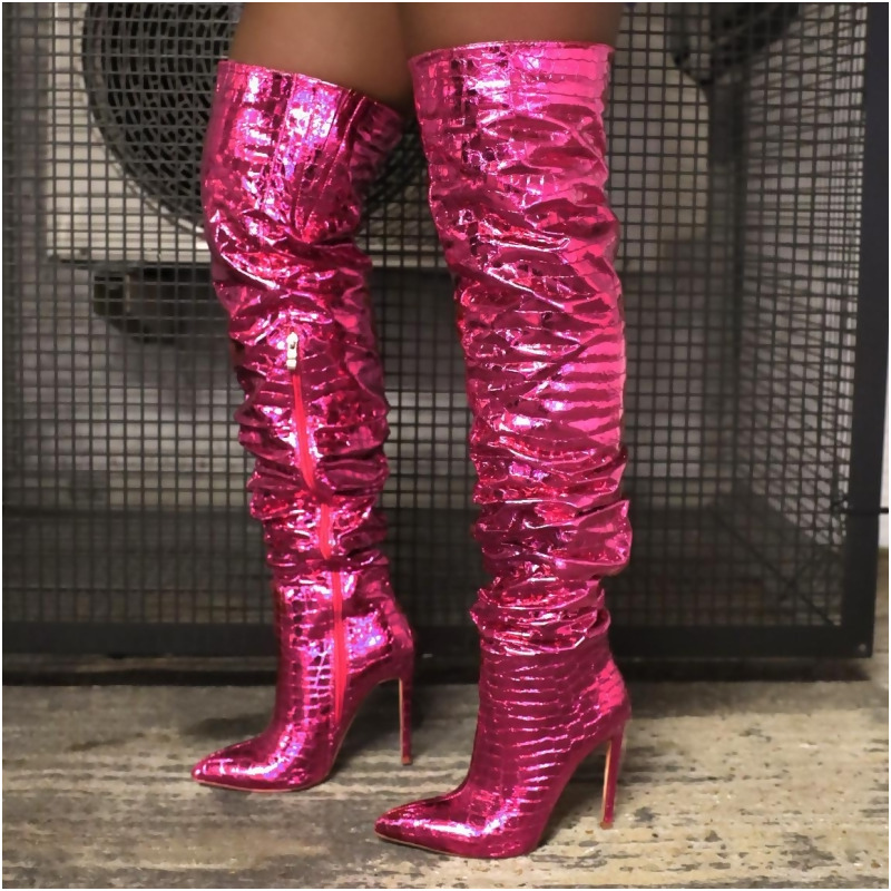 crocodile print knee high boots