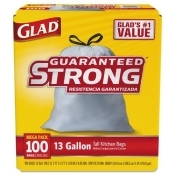 Drawstring Trash Can Liner, 13 gal., PK100 GLAD 78526 Drawstring Trash Can Liner, 13 gal., PK100 GLAD 78526