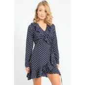 Wrap Over Long Sleeve Polka Dot Dress In Navy Wrap Over Long Sleeve Polka Dot Dress In Navy