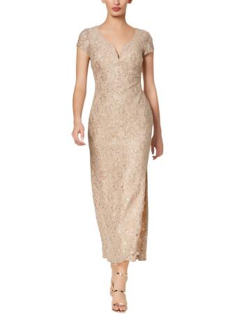 Connected Apparel Womens Petites Sequined Lace Evening Dress 