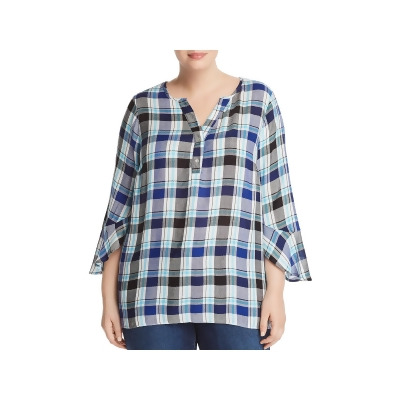 Status by Chenault Womens Plaid Ruffle Sleeves Henley Top 