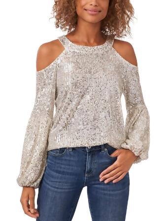 CeCe Womens Sequined Cold Shoulder Blouse 