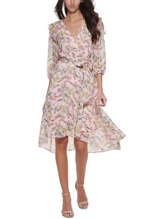 Tommy Hilfiger Womens Chiffon Faux-Wrap Midi Dress 