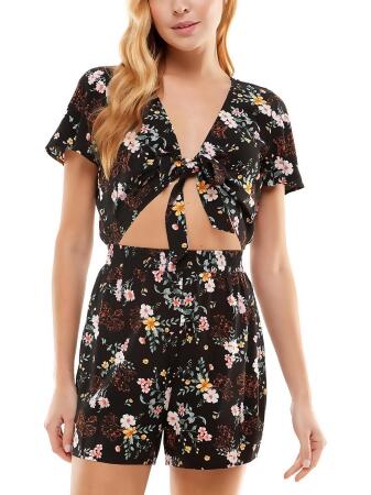 Be Bop Womens Floral Print Tie-Front Mini Romper 