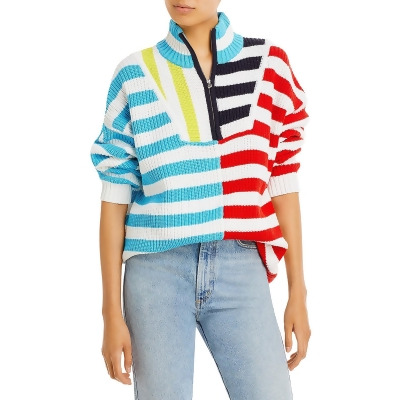 STAUD Womens Hampton Striped Front Half Zip Turtleneck Sweater 