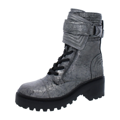DKNY Womens Basia Leather Metallic Combat & Lace-up Boots 