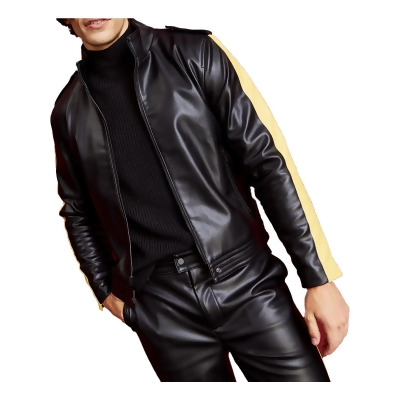 Royalty By Maluma Mens Faux Leather Striped Motorcycle Jacket 