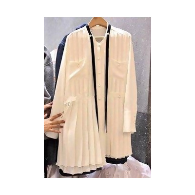 韓國東大門韓系微米白色系氣質感黑絲帶綁帶百摺連衣裙 S~L 