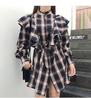 韓國東大門韓系甜美宮廷風荷葉披肩格紋設計襯衫蝴蝶結修身綁帶連衣裙 