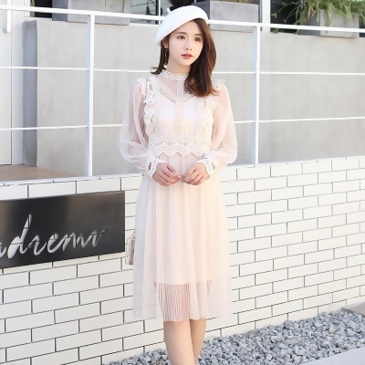 韓國東大門秋季甜美蕾絲花邊長袖透視連衣裙洋裝 附內裡背心 2色 S-L 