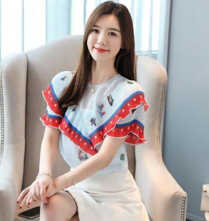 韓國東大門韓國首爾熱賣款~♛INS~韓系✿圓領甜美精緻披肩壓紋後背造型蝴蝶結仙人掌塗鴉雪紡紗短袖上衣 S~2XL 