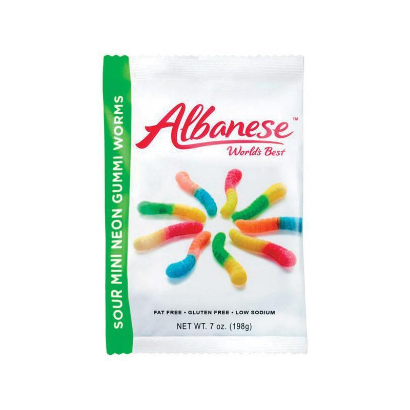 Albanese 9437229 7 oz Mini Neon Worms 5 Sour Fruit Flavors Gummi Candy - pack of 12