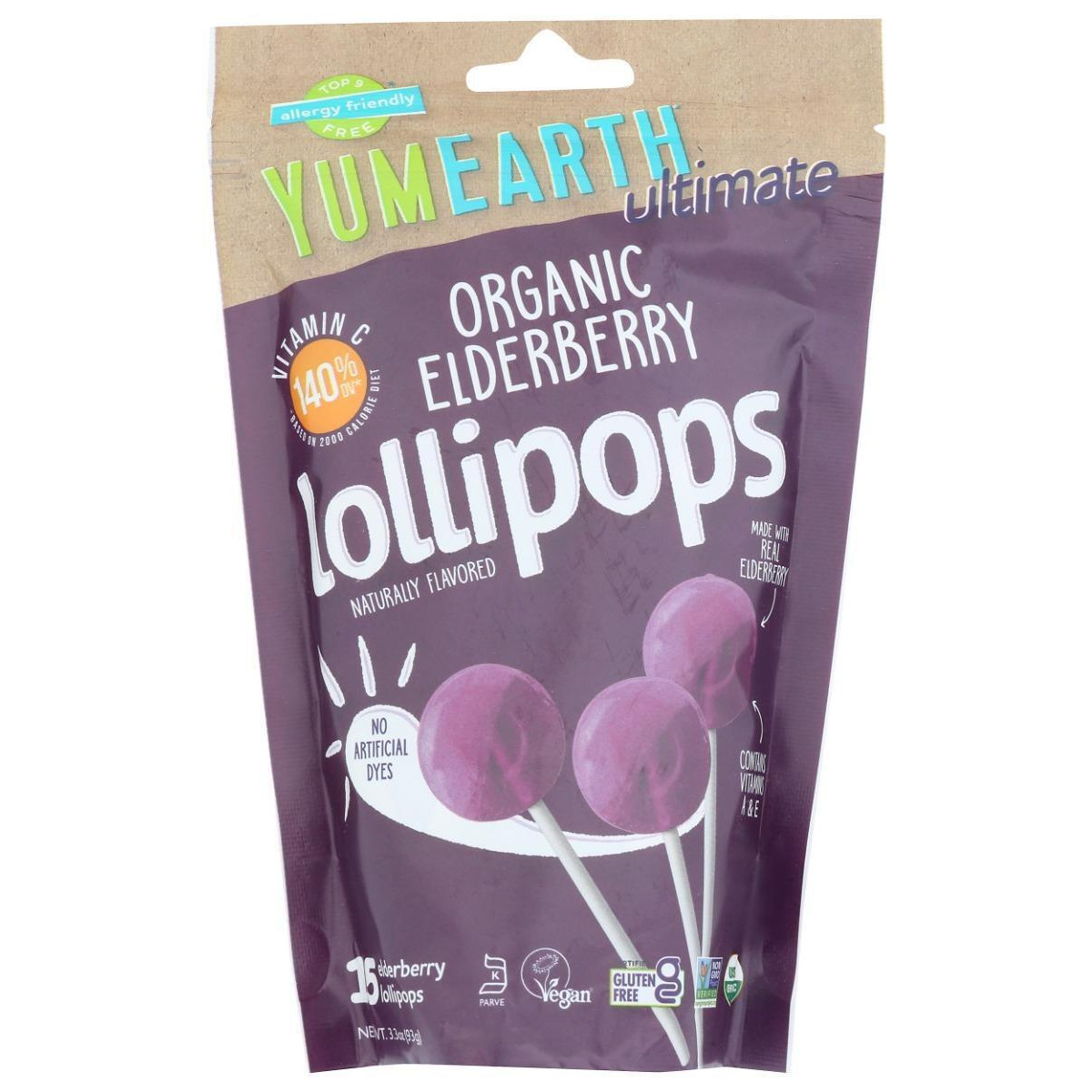 Yumearth KHRM02301735 3.3 oz Organic Elderberry Lollipops