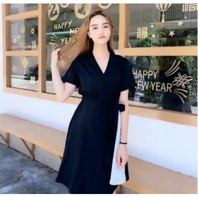 韓版超顯瘦條紋拼接V領氣質連衣裙 