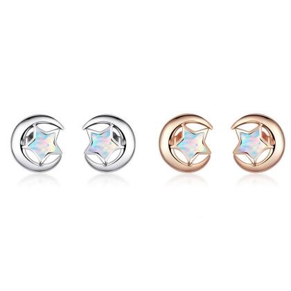 新品【 porStyle 珀風格 】簡約時尚星月/蛋白石 S925純銀耳環 / 耳釘 