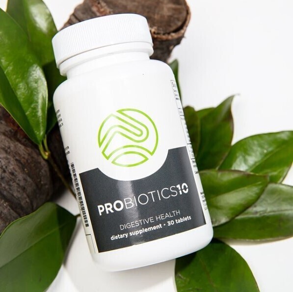 Probiotics-10 bottle with a tree limb and leaves