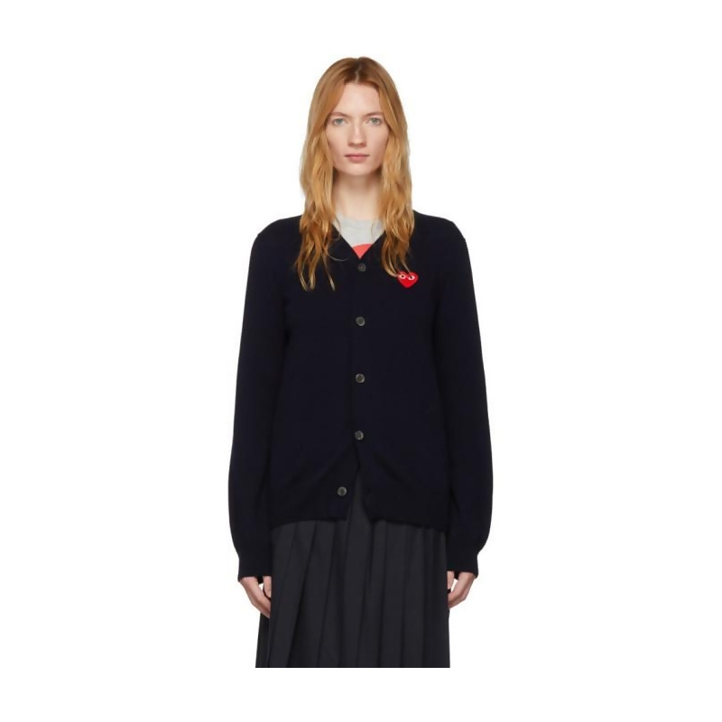 Comme des Garcons Play Navy Wool Mens Fit Heart Patch V Neck Cardigan Comme des Garcons Play Navy Wool Mens Fit Heart Patch V Neck Cardigan