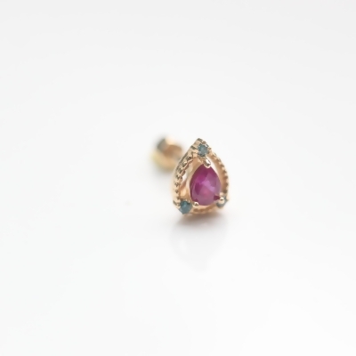14K Ruby Blue Diamond Piercing 水滴紅寶石鑽石鎖珠耳環 (單個) 