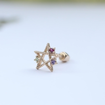 14K Diamond Star Piercing 鑽石星星鎖珠耳環 (單個)-彩色寶石 