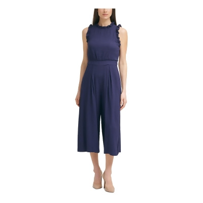 VINCE CAMUTO Womens Navy Ruffled Zippered Button Closure Sleeveless Wear To Work Cropped Jumpsuit 8 