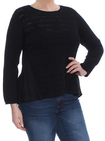 S & CO Womens Black Pointelle-knit Jewel Neck Hi-Lo Sweater Petites Size: L