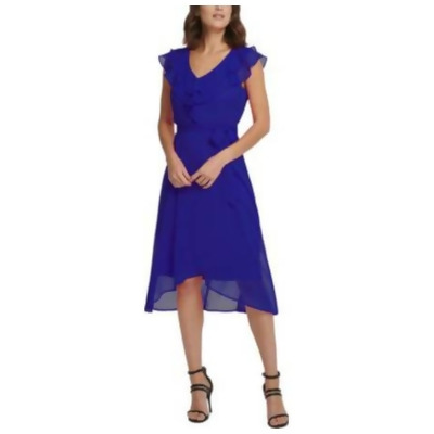 DKNY Womens Blue Zippered Sheer Sleeveless V Neck Below The Knee Evening Faux Wrap Dress 2 