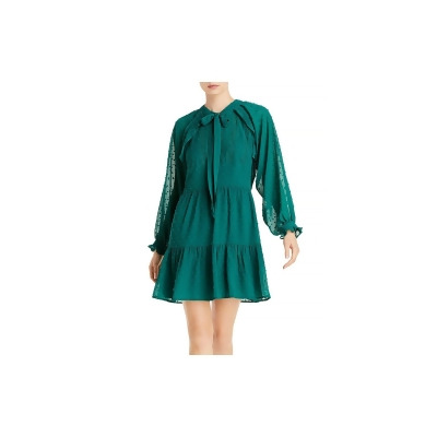 AQUA Womens Green Ruffled Clip Dot Long Sleeve Tie Neck Short Evening Shift Dress M 