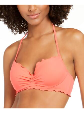 SUNDAZED Women's Coral Stretch Ruffled Tie Lined Molded Cup Sweetheart  Nixie Halter Swimsuit Top 32 C