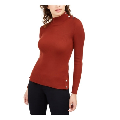 ALMOST FAMOUS Womens Brown Fitted Snap-detail Ribbed Long Sleeve Mock Neck Sweater Juniors M 