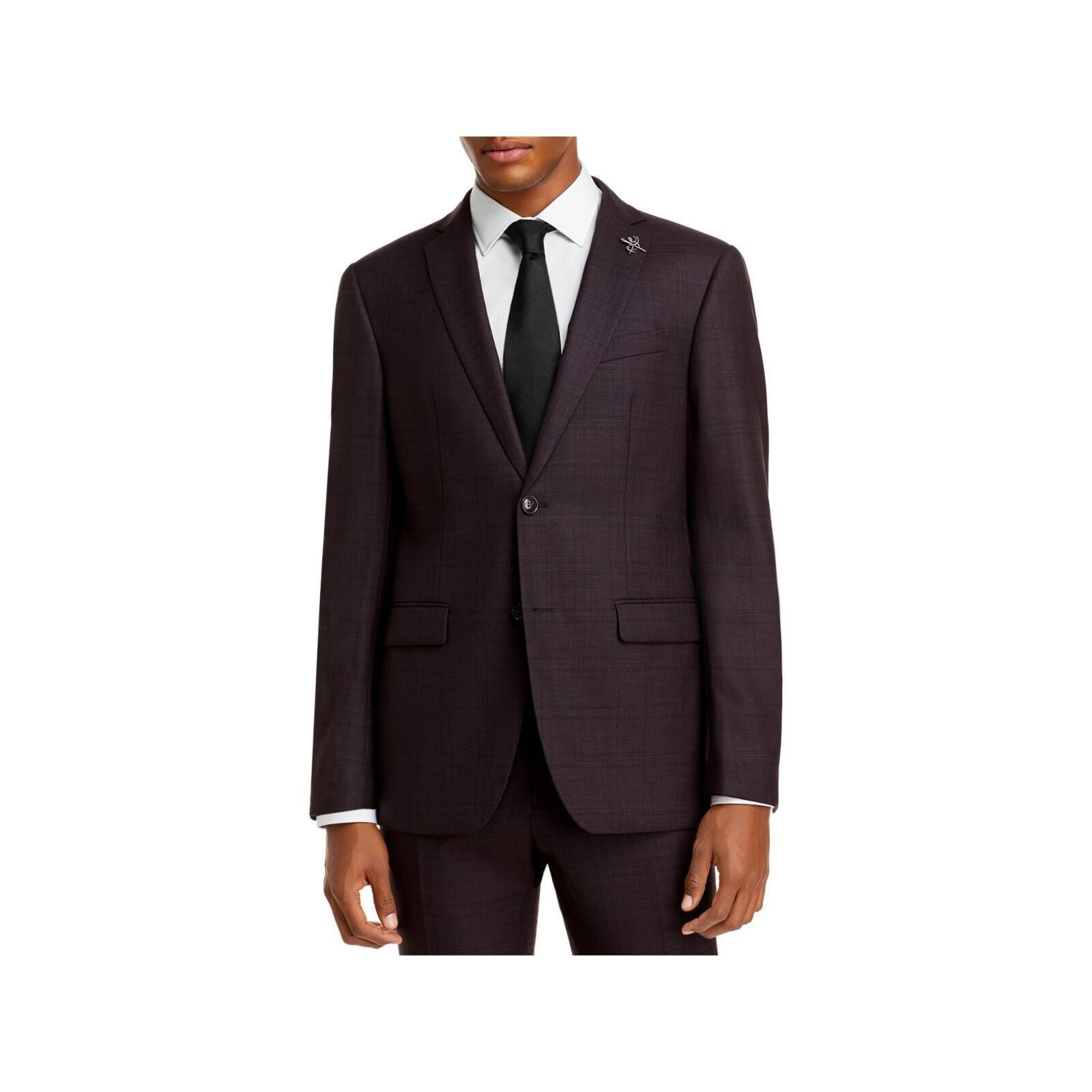John Varvatos Mens Burgundy Plaid Slim Fit Wool Blend Suit Separate Blazer Jacket 36R