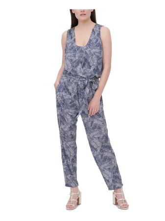 DKNY Womens Blue Tie Printed Sleeveless Straight leg Jumpsuit 4