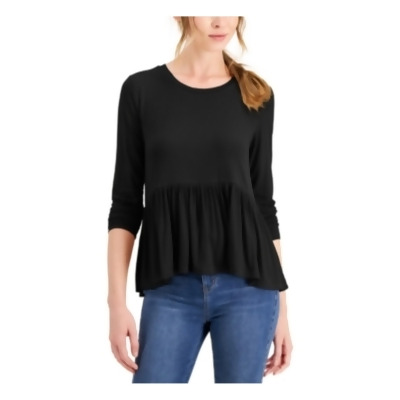 HOOKED UP Womens Black Stretch Ribbed Textured Babydoll Long Sleeve Jewel Neck Top Juniors S 