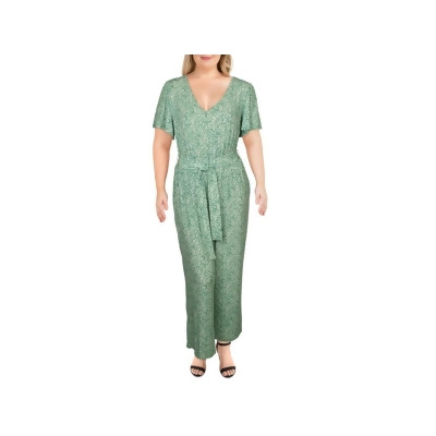 1. STATE Womens Green Belted Printed Short Sleeve V Neck Wide Leg Jumpsuit Plus 1X 