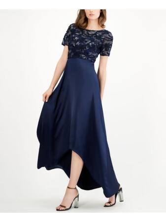 ADRIANNA PAPELL Womens Navy Lace Zippered Sequined Pleated Short Sleeve Boat Neck Full-Length Formal Hi-Lo Dress 8 