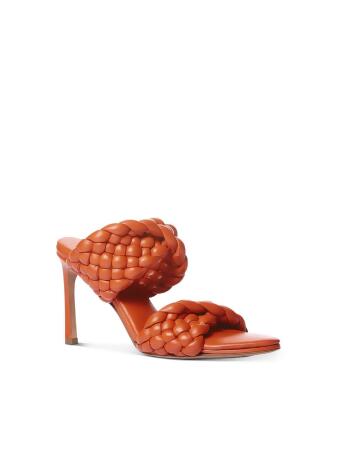 VINCE. Womens Orange Padded Woven Curve Almond Toe Stiletto Slip On Leather Heeled Mules Shoes 38.5