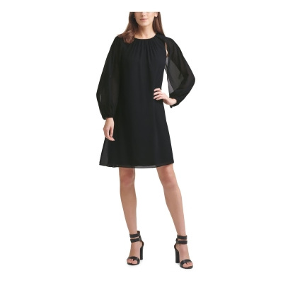 DKNY Womens Black Stretch Sheer Jewel Neck Short Formal Shift Dress 4 