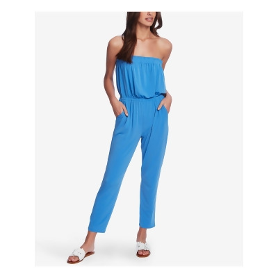 1. STATE Womens Blue Stretch Pocketed Ruffled Cinched-waist Sleeveless Strapless Straight leg Jumpsuit L 