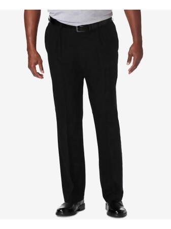 HAGGAR Mens Black Expandable Waist Pleated Classic Fit Wrinkle Free Pants  W48 X L36