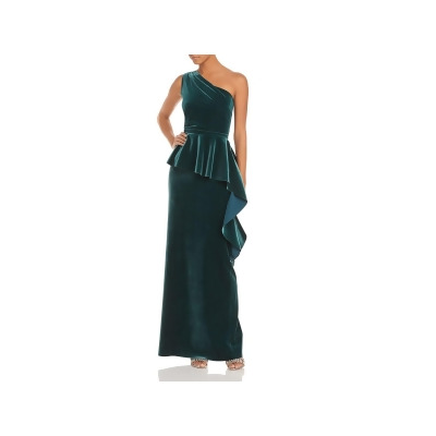 CHIARA BONI Womens Green Pleated Ruffled Velvet Sleeveless Asymmetrical Neckline Full-Length Formal Gown Dress 0 