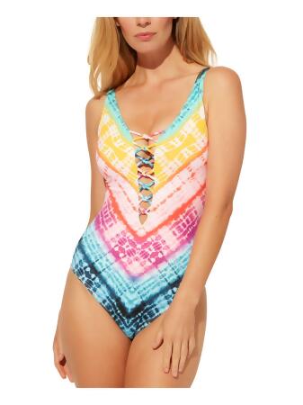 BLEU Women's Yellow Tie Dye Stretch Adjustable Straps Deep V Neck Full  Coverage Good Vibrations One Piece Swimsuit 4