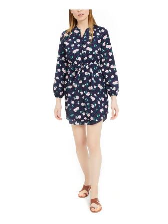 MAISON JULES Womens Navy Floral Long Sleeve V Neck Short Sheath Dress Size:  XXS