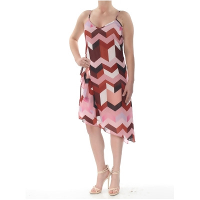 BAR III Womens Pink Layered Slip Geometric Print Spaghetti Strap V Neck Below The Knee Dress 2XS 